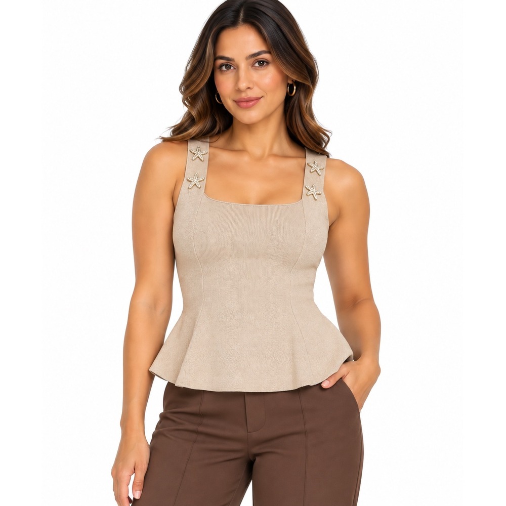 Galita Fashion Womens Camel Viscose Knit Starfish Peplum Tank Top Size M NWT